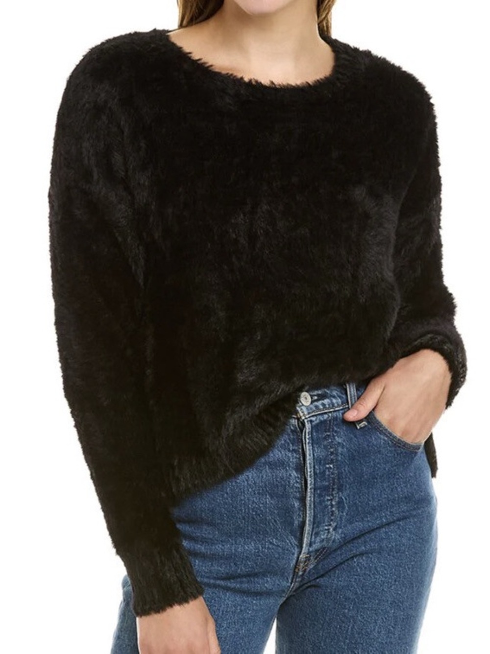 Bella Dahl Black Plush Faux-Fur Crewneck Relaxed Fit Sweater, Sz Medium